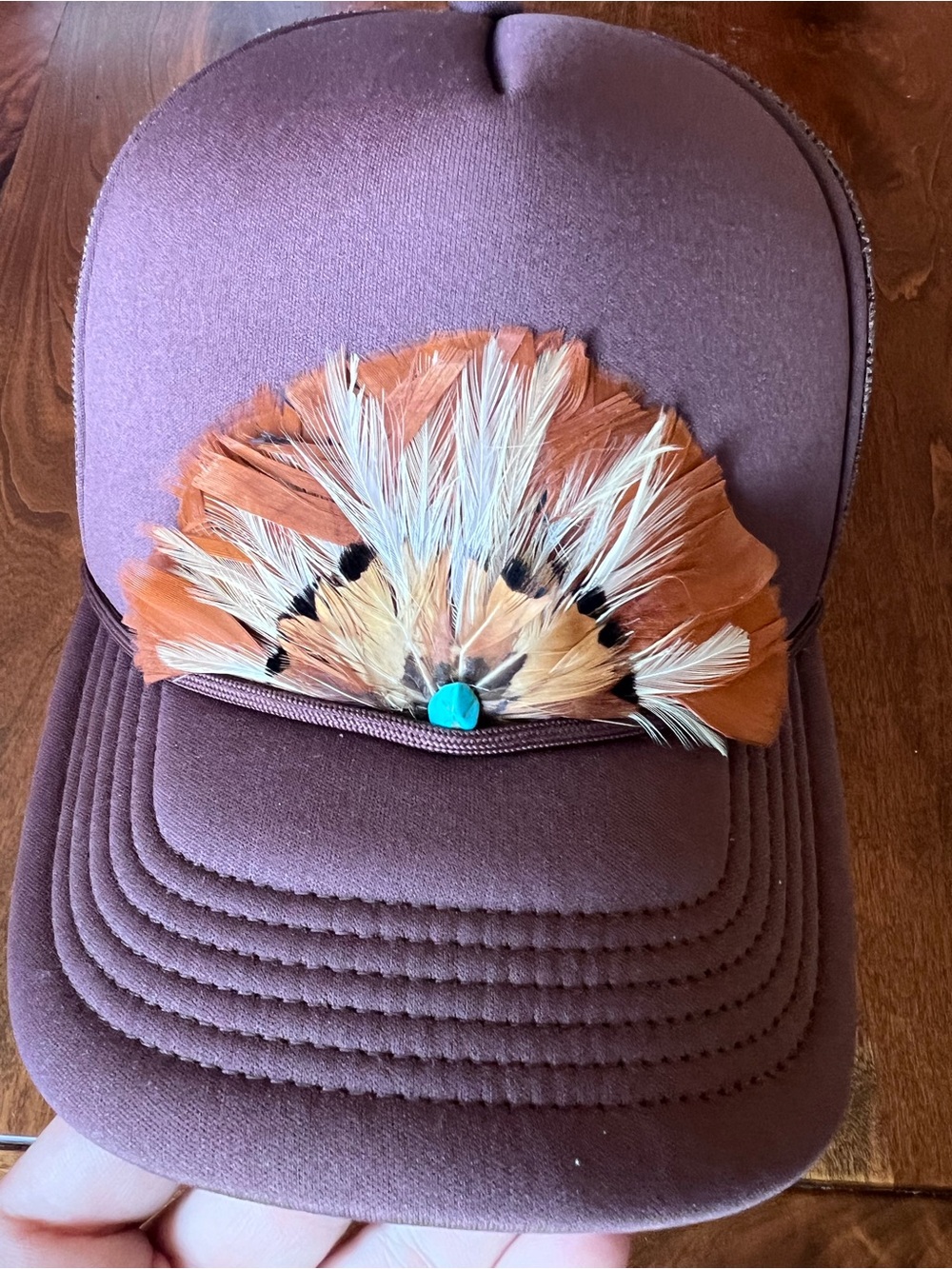 Little bird Trucking Virginia Brown Women's Trucker Hat with Turquoise Accent